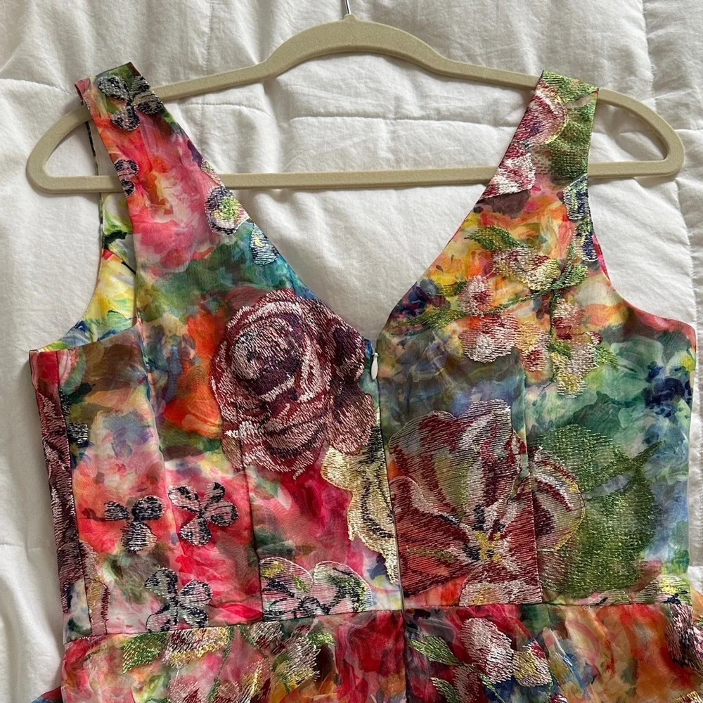 Marchesa Multicolor Embroidery Asymmetrical Tiered Midi Dress - Picture 6 of 7